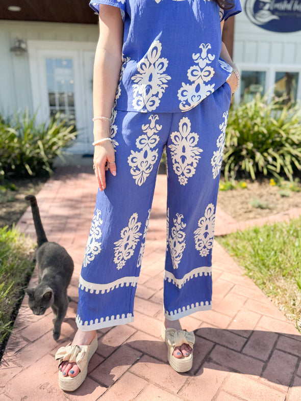 (THML) The Presley Printed Pants-Blue