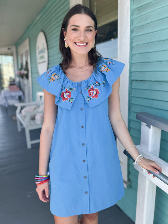 The Sherry Embroidered Dress-Blue