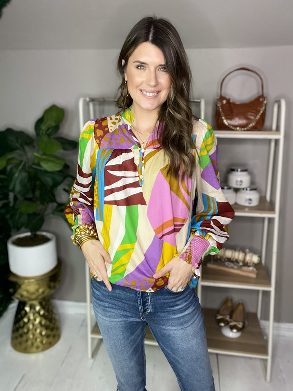 long sleeve abstract print top 