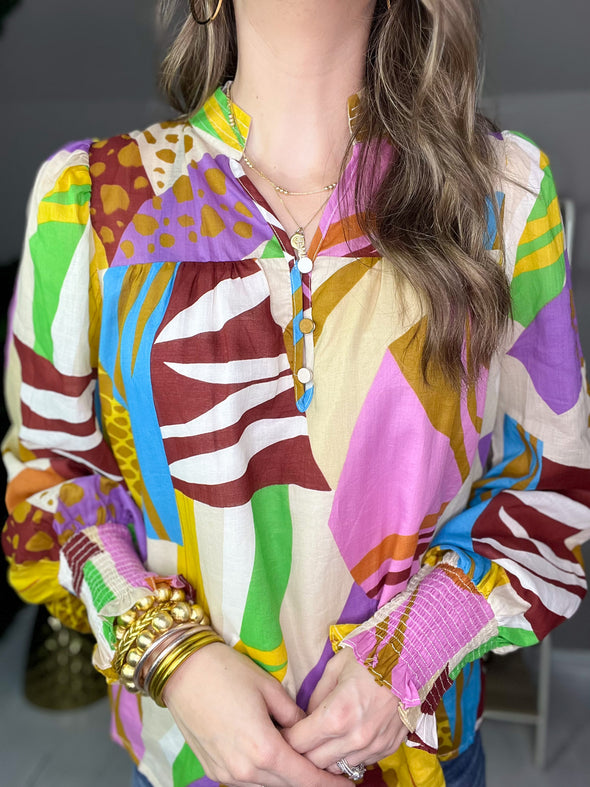 long sleeve abstract print top 