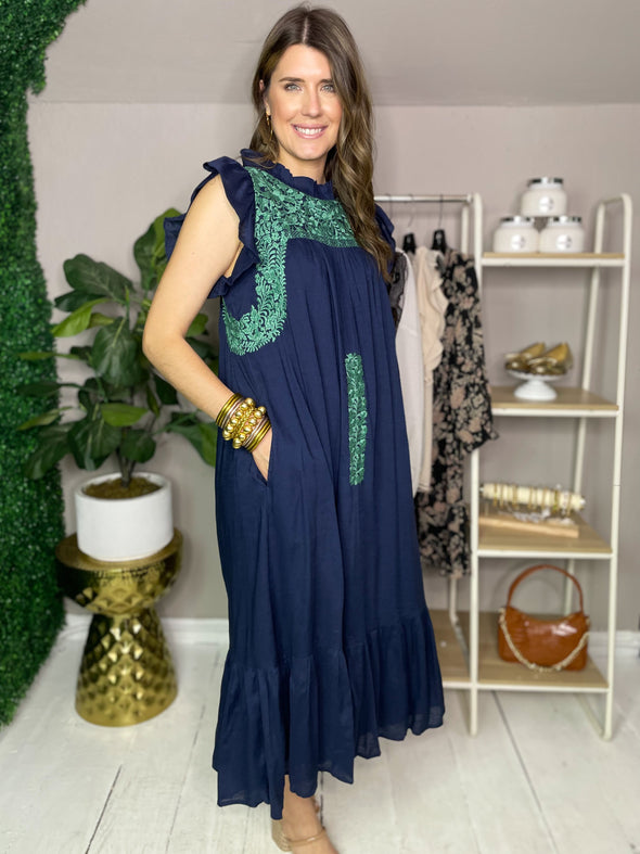 navy midi dress with green embroidery by j.Marie