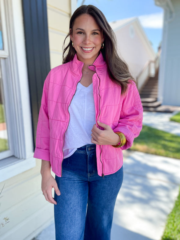 pink quilted denim jacket 