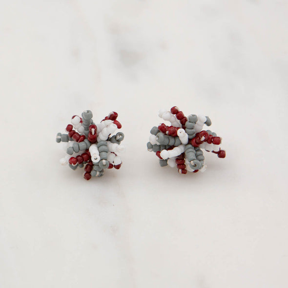 Maroon and Grey Pom Pom Earring