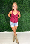 burgundy v neck top with ruffle straps 