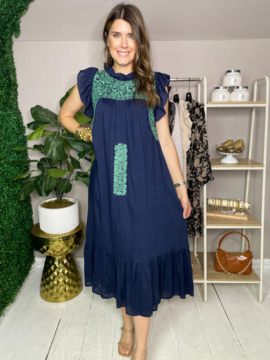 navy midi dress with green embroidery 
