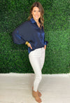 Navy button down top with shimmer