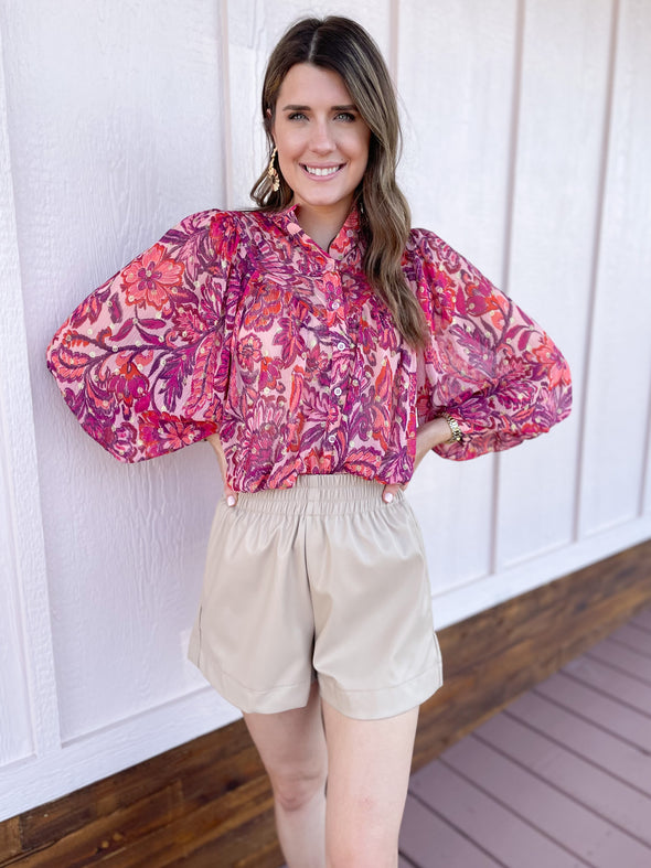 pink floral long sleeve button up top 