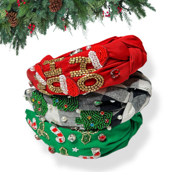 black and white checked headband with christmas trees 