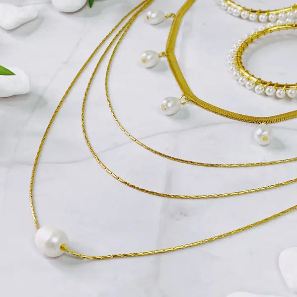 Layered Pearl Necklace-Gold