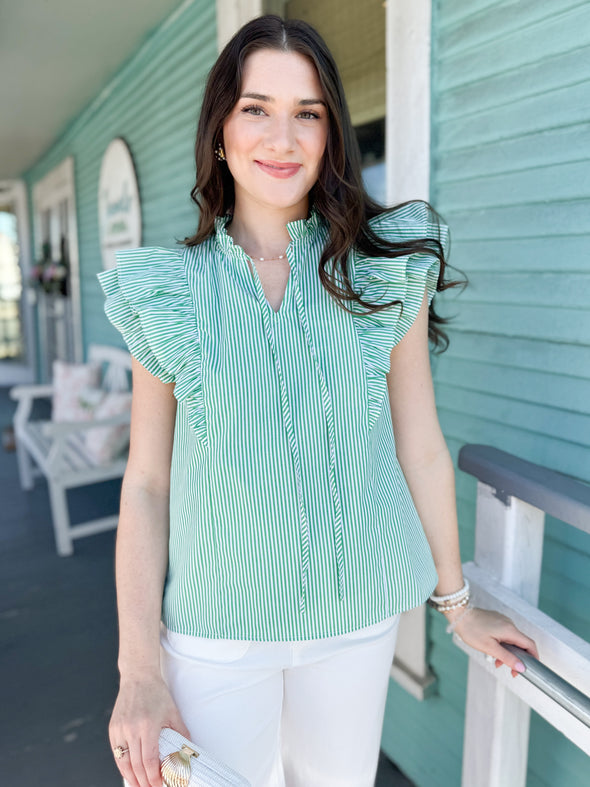 The Patricia Stripe Ruffle Sleeve Top-Green