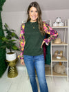 Green THML top with floral sleeves
