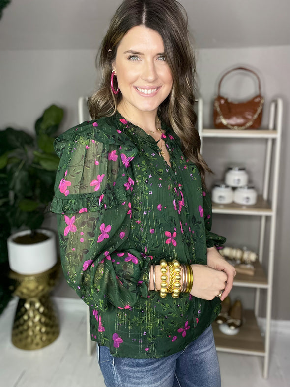 forest green long sleeve top with pink floral 
