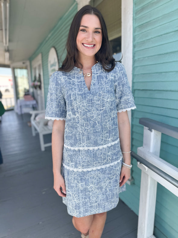 The Nora Scalloped Floral Dress-Denim