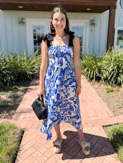 The Cassie Floral Tie Strap Midi Dress-Blue