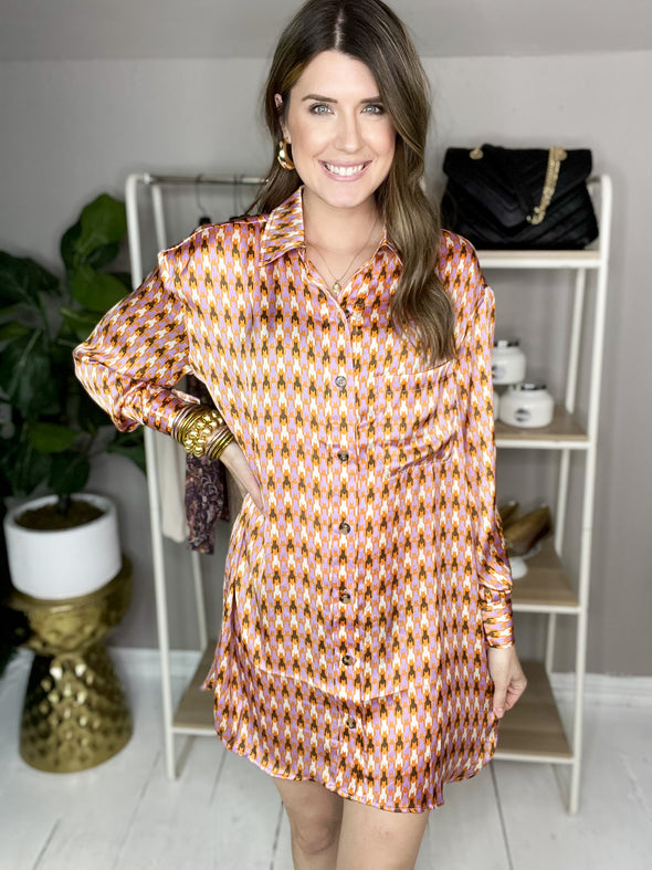 berry color silk dress with long sleeves