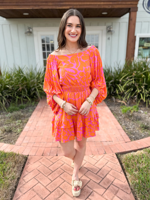 The Kaci Floral Off The Shoulder Dress-Orange