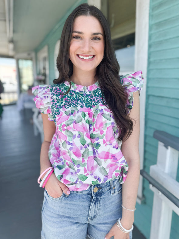 The Sage Floral Watercolor Top-Pink