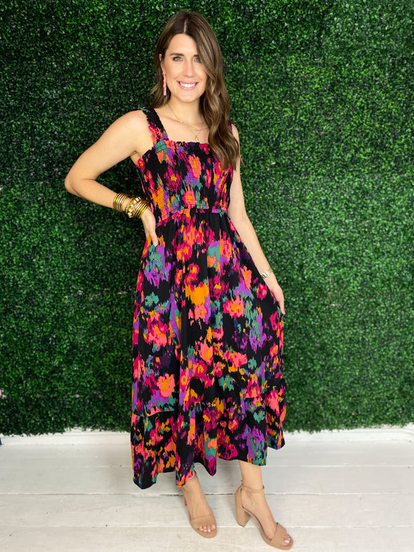 smocked black maxi dress