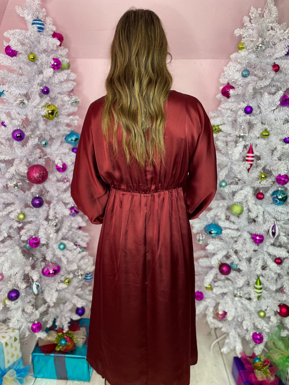 maroon silk long sleeve dress