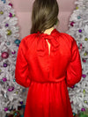 back of red satin dress