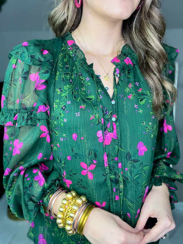 forest green long sleeve top with pink floral 