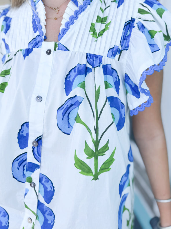 The Haley Floral Button Up Top-Blue