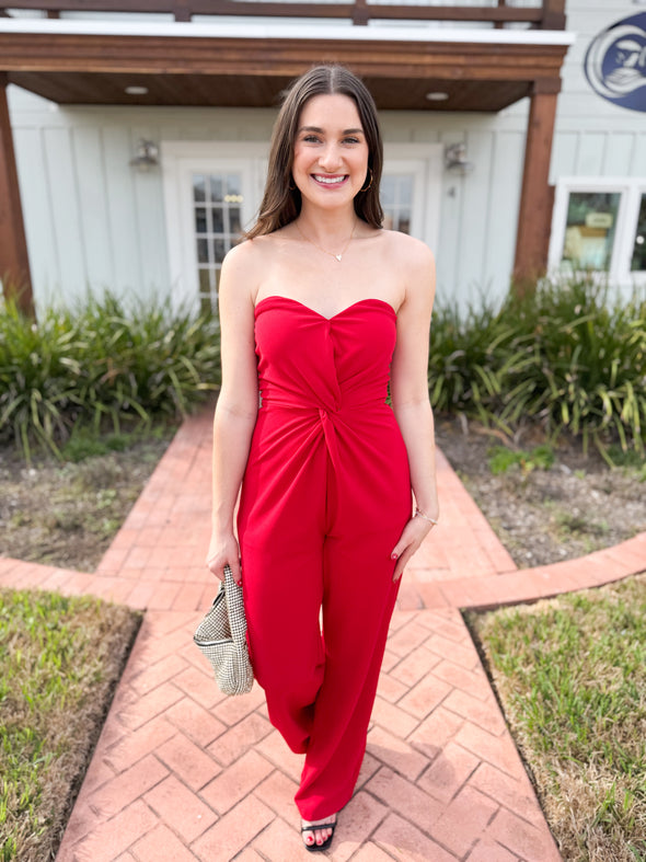 The Dannia Strapless Jumpsuit-Red