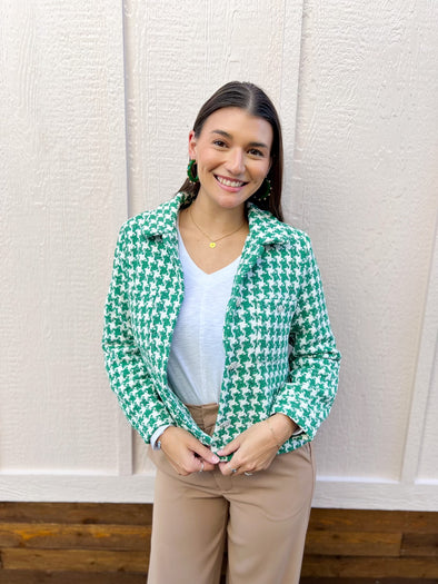 green houndstooth cropped jacket