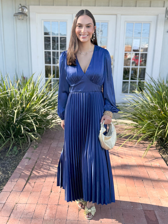 The Roya Pleated Satin Midi Dress-Royal Blue