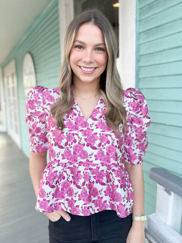 The Danielle Jacquard Floral Puff Sleeve Top-Pink