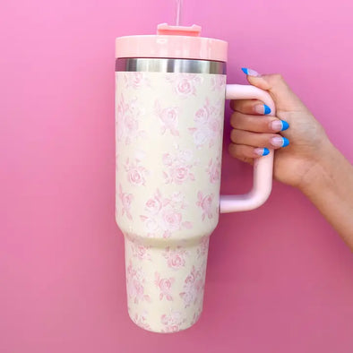 cream and pink floral tumbler