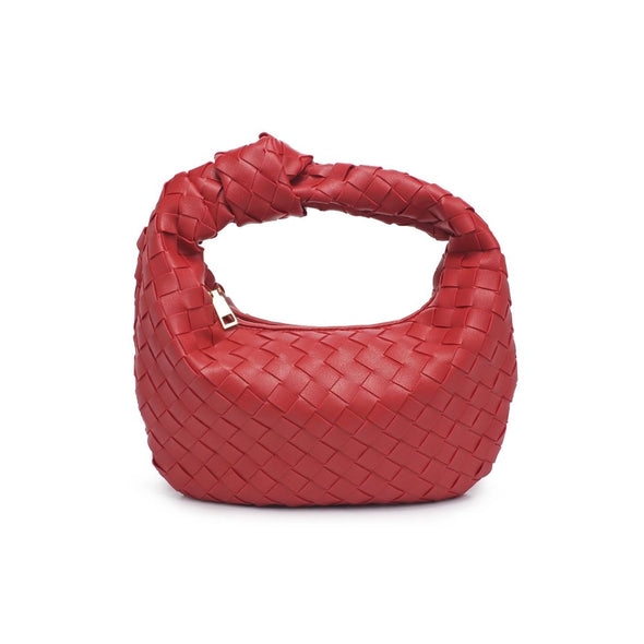 red woven clutch 