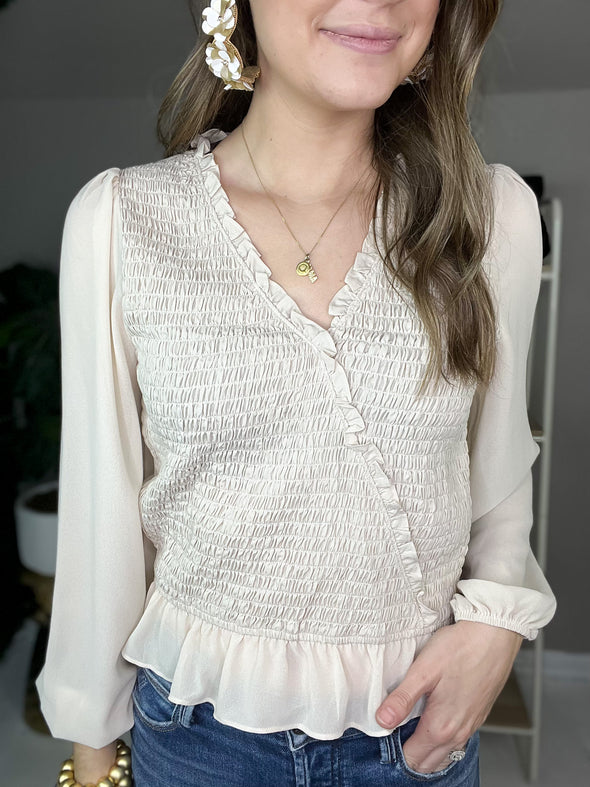 cream smocked long sleeve top 