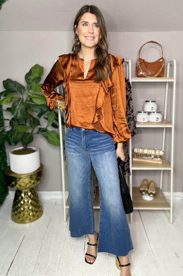 chocolate satin top with long sleeves