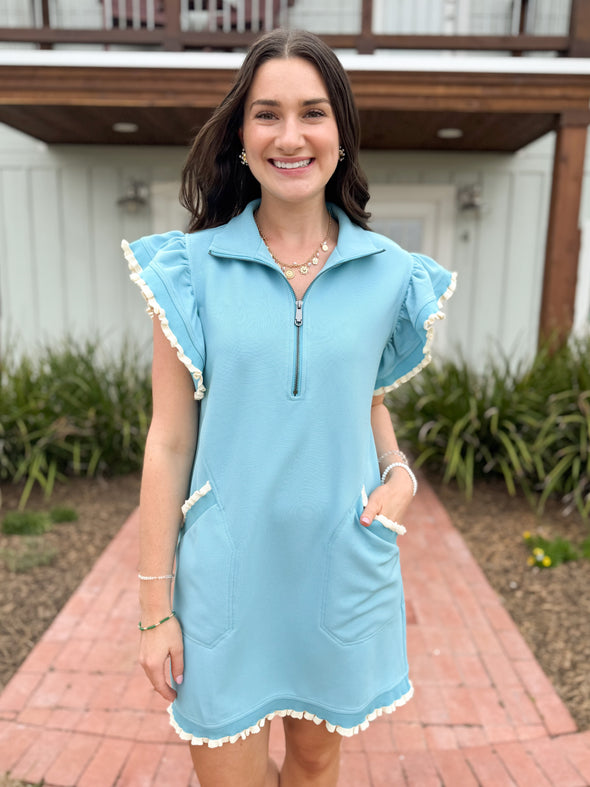 The Shane Ruffle Zip Dress-Blue