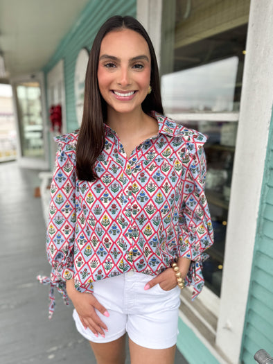 The Hillie Floral Tie Sleeve Top-Blue