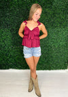 burgundy v neck top with ruffle straps
