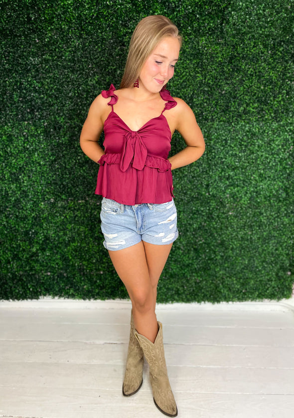 burgundy v neck top with ruffle straps