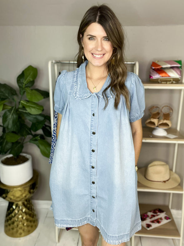 Short button down denim dress