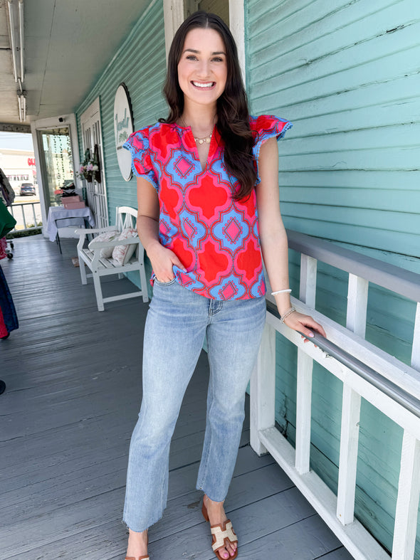 The Devany Geo Print Top-Red