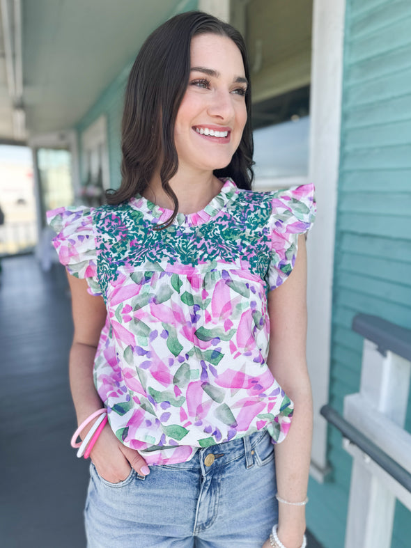 The Sage Floral Watercolor Top-Pink