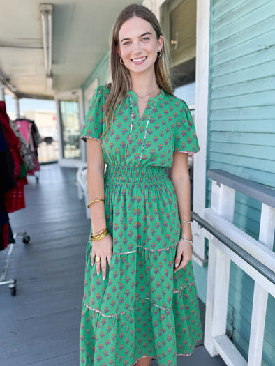 green floral maxi dress with pink flowers