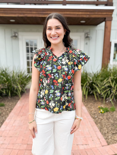 The Tiara Floral Ruffle Top-Black