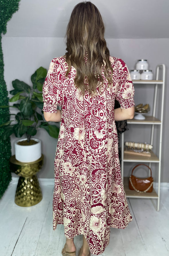 maroon and white floral midi dress