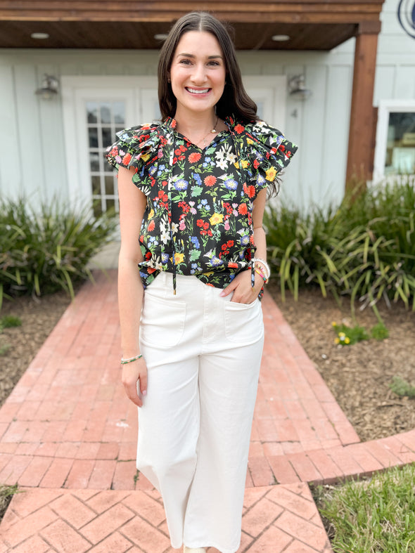 The Tiara Floral Ruffle Top-Black