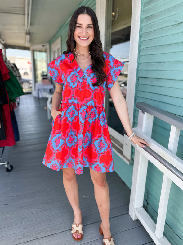 The Devany Geo Print Dress-Red