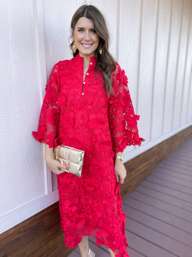Red lace midi dress