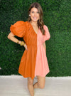 Short two-tone dress with puff sleeves by Crosby 