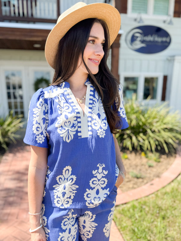 (THML) The Presley Printed Top-Blue