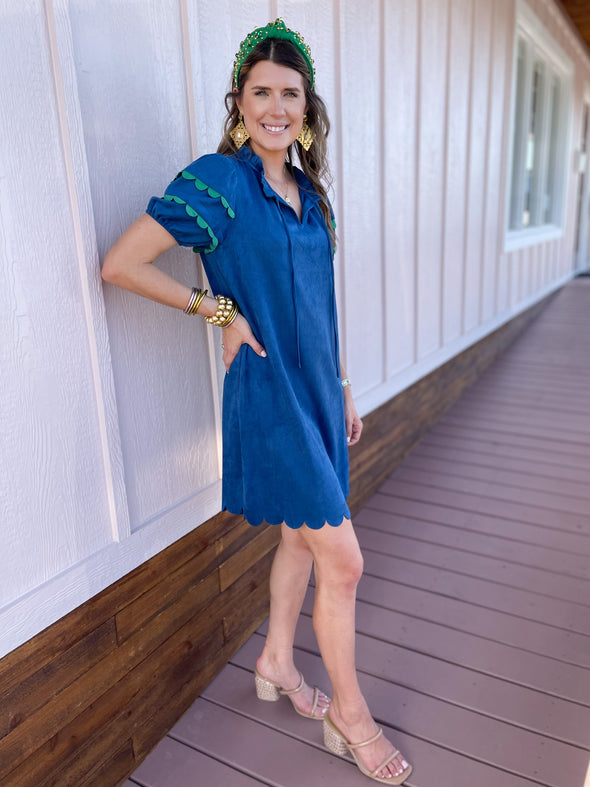 blue suede dress with green scallop detail 